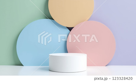Colorful geometric background with circular shapes and a white pedestal against a pastel wall setting Colorful geometric background with circular shapes and a white pedestal against a pastel wall setting 123328420