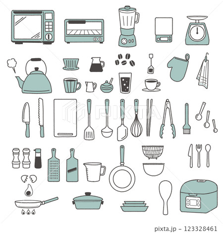 キッチン用品の線画　素材セット　調理器具　手描き風　アイコン 123328461