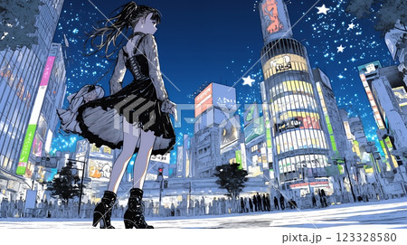 ゴシックロリータファッションで東京の町を歩く若い女性