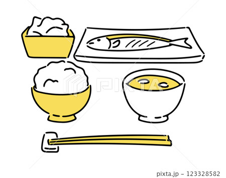 和食の焼き魚定食イメージイラスト(イエロー) 123328582