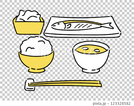 和食の焼き魚定食イメージイラスト(イエロー) 123328582