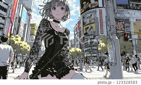 ゴシックロリータファッションで東京の町を歩く若い女性