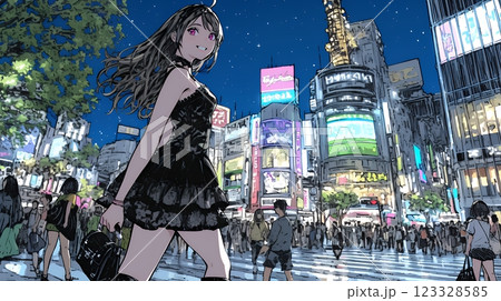 ゴシックロリータファッションで東京の町を歩く若い女性