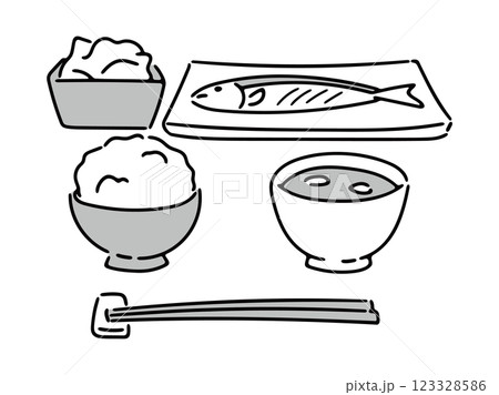 和食の焼き魚定食イメージイラスト(グレー) 123328586