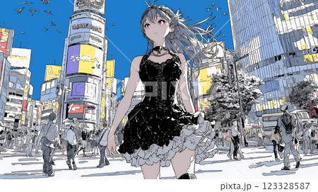 ゴシックロリータファッションで東京の町を歩く若い女性