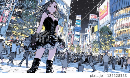 ゴシックロリータファッションで東京の町を歩く若い女性