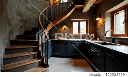 Elegant kitchen design featuring a spiral staircase and natural stone walls in a cozy home setting Elegant kitchen design featuring a spiral staircase and natural stone walls in a cozy home setting 123328659