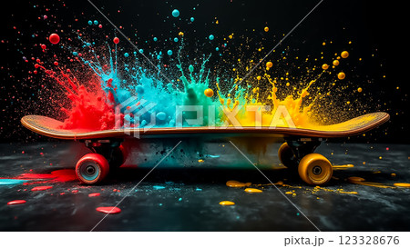 Colorful paint splashes erupting from a skateboard in a creative art setup 123328676