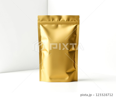 Sleek golden packaging stands upright on a clean surface against a minimalistic background Sleek golden packaging stands upright on a clean surface against a minimalistic background 123328712