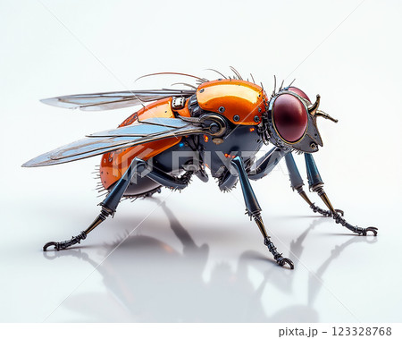 Intricate robotic fly design created with vibrant colors and detailed mechanics in a studio setting 123328768