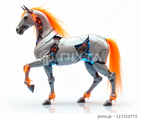Robotic horse with glowing features showcasing advanced technology in a futuristic setting 123328772