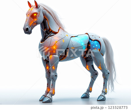 Futuristic robotic horse with glowing features standing against a white background 123328773