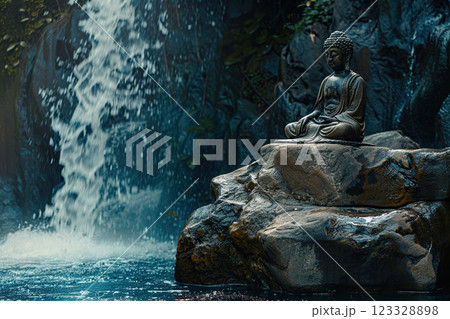 Ancient statue great Buddha on bright holiday composition, abstract vivid composition consists of fictional unreal fantastic vision on background 123328898