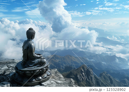 Ancient statue great Buddha on bright holiday composition, abstract vivid composition consists of fictional unreal fantastic vision on background 123328902