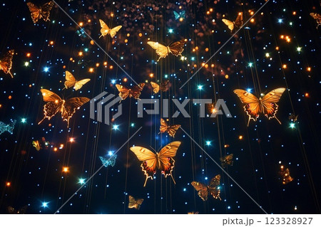 Butterflies illuminate a starry night sky in a mesmerizing display of nature's beauty and magic 123328927