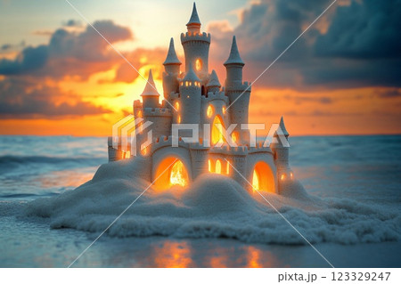 Sandcastle masterpiece glows at sunset on a beach with crashing waves 123329247