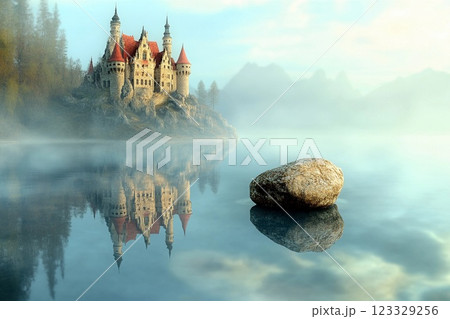 Serene view of a fairytale castle reflecting in a calm lake surrounded by lush mountains during early morning 123329256