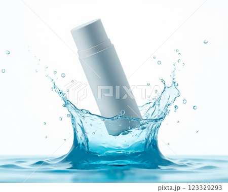 White deodorant stick splashes in clear water creating dynamic ripples and droplets 123329293