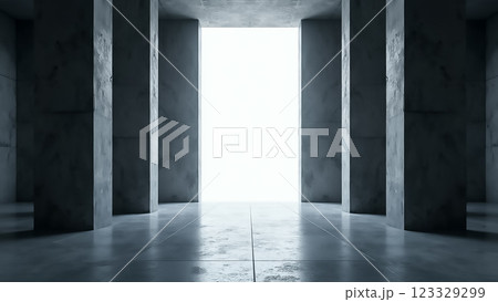 Light flooding through a modern architectural corridor with concrete pillars at a minimalist structure Light flooding through a modern architectural corridor with concrete pillars at a minimalist structure 123329299