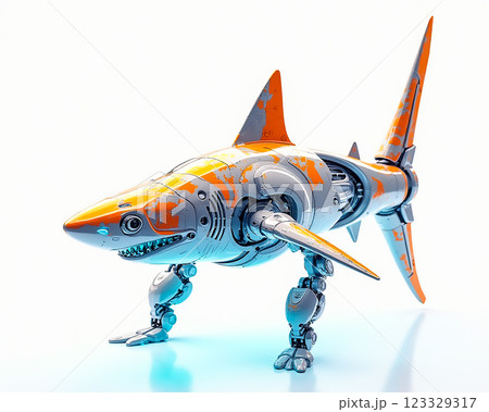 Robotic shark model showcases futuristic design with vibrant orange accents and intricate mechanical features Robotic shark model showcases futuristic design with vibrant orange accents and intricate mechanical features 123329317