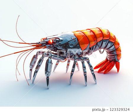 Futuristic robotic shrimp with metallic and vibrant orange design on a white background showcasing advanced technology 123329324