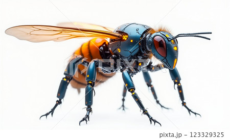 Futuristic robotic bee with intricate design and vibrant colors against a white background Futuristic robotic bee with intricate design and vibrant colors against a white background 123329325