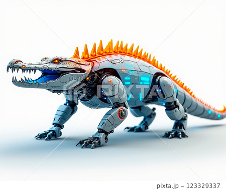 Robotic crocodile design in futuristic style with blue and orange accents 123329337