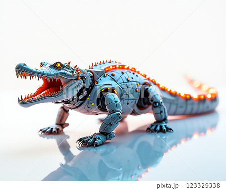 Robot alligator with glowing features showcasing advanced technology and creativity in a futuristic design setting 123329338