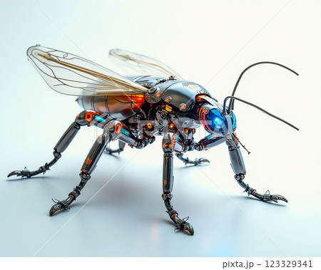 Futuristic robotic bee with intricate details and glowing features engaged in a creative design studio environment 123329341