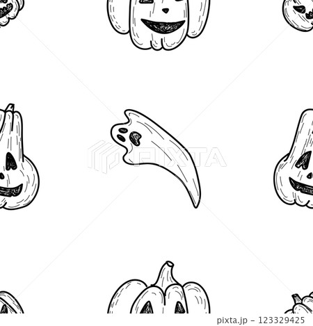 Hand Drawn Happy Halloween Seamless Pattern black and white background. Pumpkin, Ghost, Bat, Skull doodle style monochrome Wallpaper Hand Drawn Happy Halloween Seamless Pattern black and white background. Pumpkin, Ghost, Bat, Skull doodle style monochrome Wallpaper 123329425