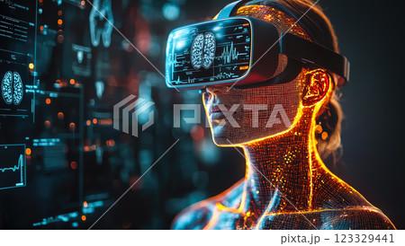 A body X-ray displayed with a hologram. The concept of advanced medical imaging, futuristic healthcare technology, and precision diagnostics. Generative AI. A body X-ray displayed with a hologram. The concept of advanced medical imaging, futuristic healthcare technology, and precision diagnostics. Generative AI. 123329441