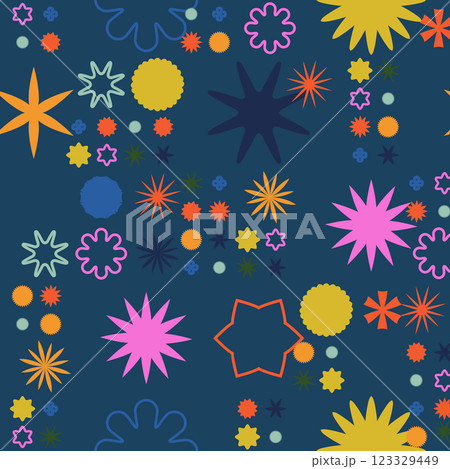Abstract Seamless Pattern. A vibrant and colorful mix of shapes, such as stars and circles, on a dark backdrop, ideal for modern designs 123329449