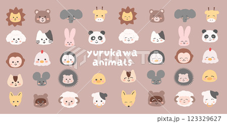 手書きの可愛い動物のアイコンセット　普通の顔とにっこり笑顔　幼稚園　保育園　可愛いイラスト 123329627