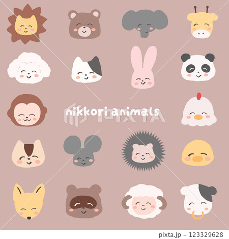 手書きの可愛いにっこりした動物の 18種アイコンセット　幼稚園　保育園　可愛いイラスト 123329628
