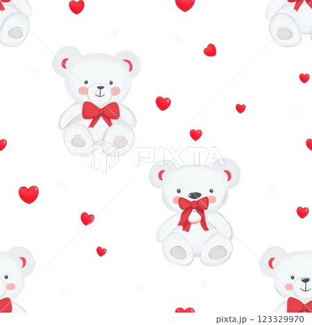 Cute white teddy bears with red bows and hearts on a soft white background for playful designs. Generative AI 123329970