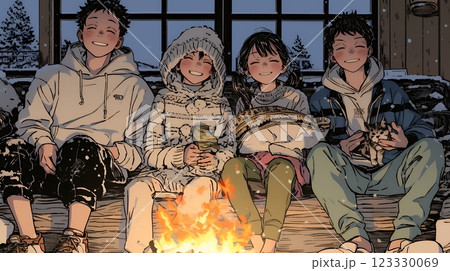 ほっこり：冬の寒い日に仲の良い仲間と暖炉のある部屋でのんびり・ゆっくり・まったり・ほっこり・ぬくぬく