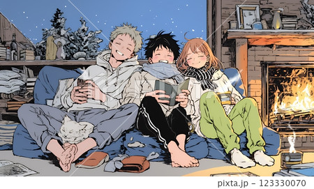 ほっこり：冬の寒い日に仲の良い仲間と暖炉のある部屋でのんびり・ゆっくり・まったり・ほっこり・ぬくぬく
