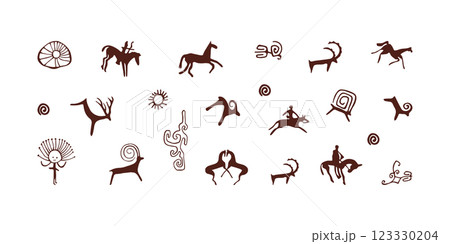 Petroglyphs. Pack of Cave Paintings. Collection of Central Asian Petroglyphs. Saimaluu tash illustrations. Petroglyphs. Pack of Cave Paintings. Collection of Central Asian Petroglyphs. Saimaluu tash illustrations. 123330204