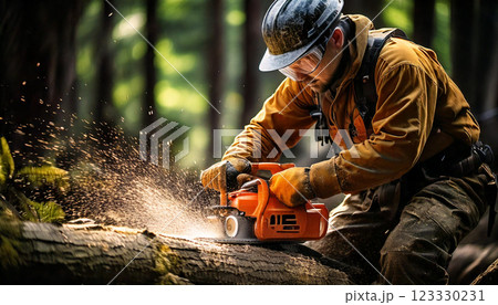 木を切る林業作業員（AI生成画像） 123330231