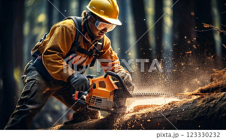 木を切る林業作業員（AI生成画像） 123330232