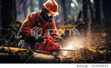 木を切る林業作業員(AI生成画像) 木を切る林業作業員(AI生成画像) 123330233