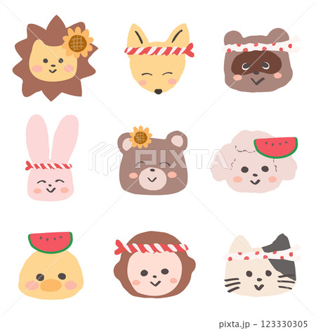 夏のものをつけたり鉢巻を巻いておめかしした可愛い動物の夏アイコンセット 手書きの可愛いイラスト 夏のものをつけたり鉢巻を巻いておめかしした可愛い動物の夏アイコンセット 手書きの可愛いイラスト 123330305