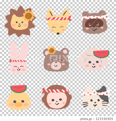夏のものをつけたり鉢巻を巻いておめかしした可愛い動物の夏アイコンセット 手書きの可愛いイラスト 夏のものをつけたり鉢巻を巻いておめかしした可愛い動物の夏アイコンセット 手書きの可愛いイラスト 123330305