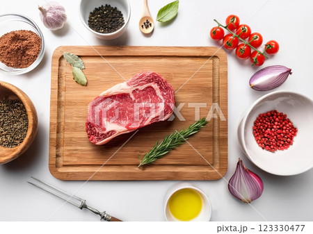 まな板に乗せた牛肉と材料と香辛料 123330477