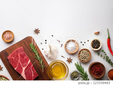 調理前の牛肉とハーブ 123330483