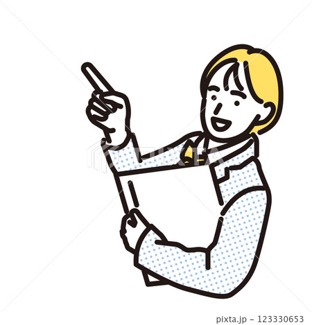 シンプル　イラスト　笑顔で上を指差す女子高生の上半身 123330653