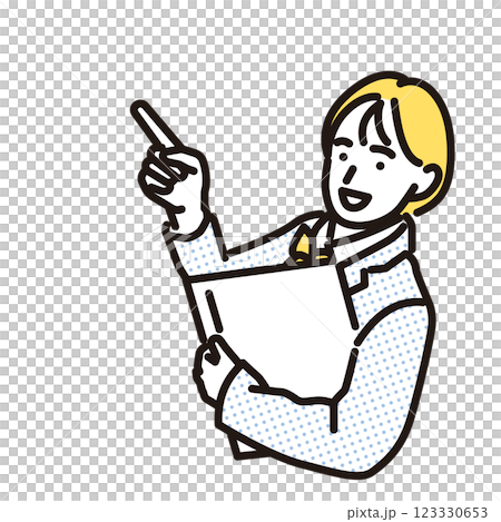 シンプル　イラスト　笑顔で上を指差す女子高生の上半身 123330653