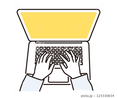 シンプル　イラスト　タイピングをする手とノートパソコン 123330654