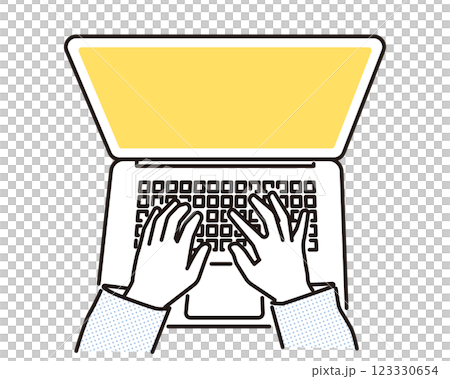 シンプル　イラスト　タイピングをする手とノートパソコン 123330654