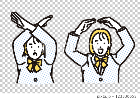 シンプル　イラスト　質問にマルバツのゼスチャーで答える女子高生 123330655